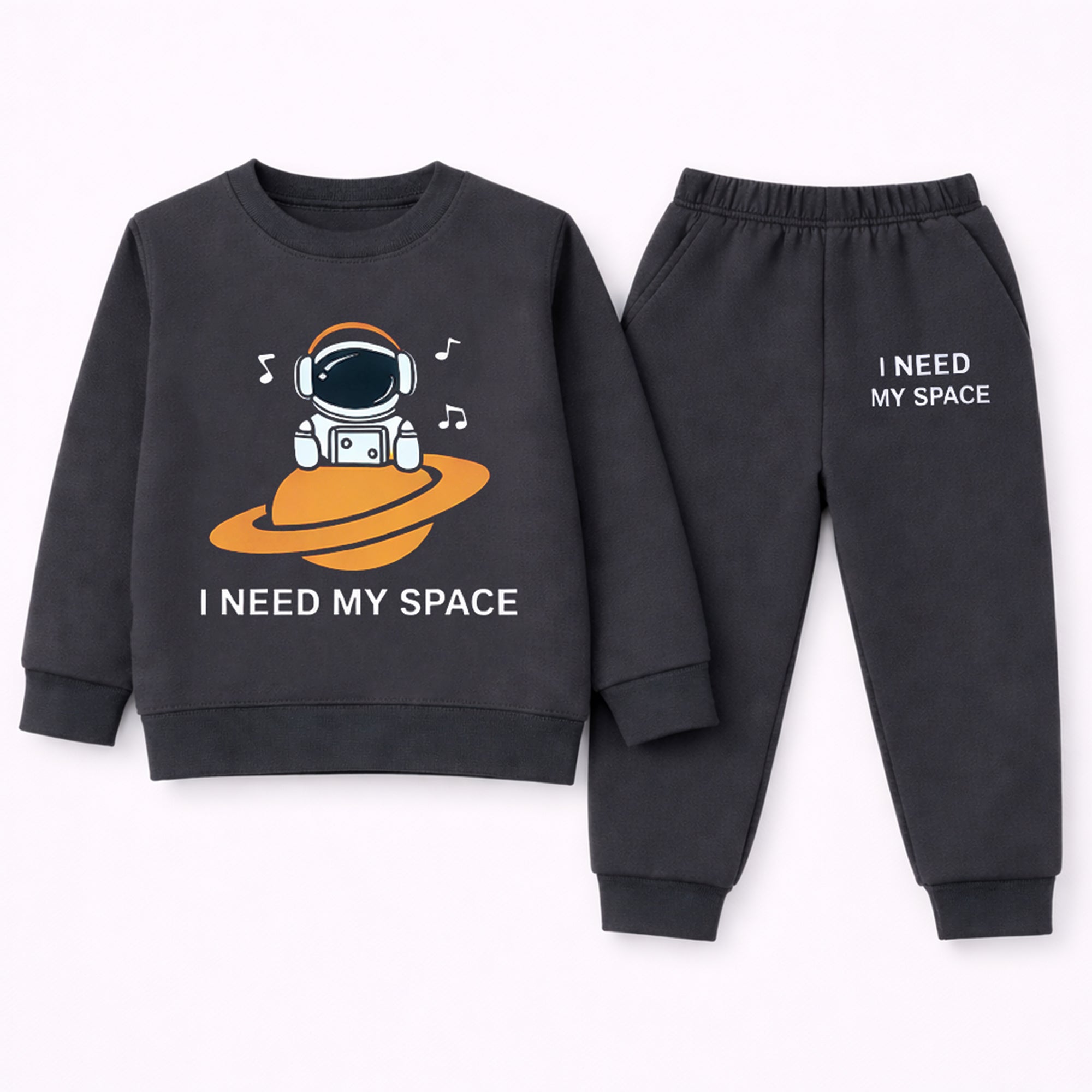 Kids “I Need My Space” Astronaut Sweatshirt & Jogger Set – charcoal (1–12 Years)