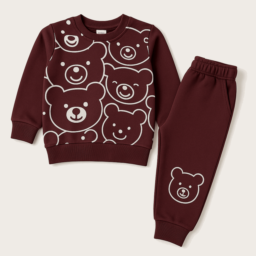 Maroon kids sweatshirt and jogger set with white bear prints for ages 1 to 12 years

