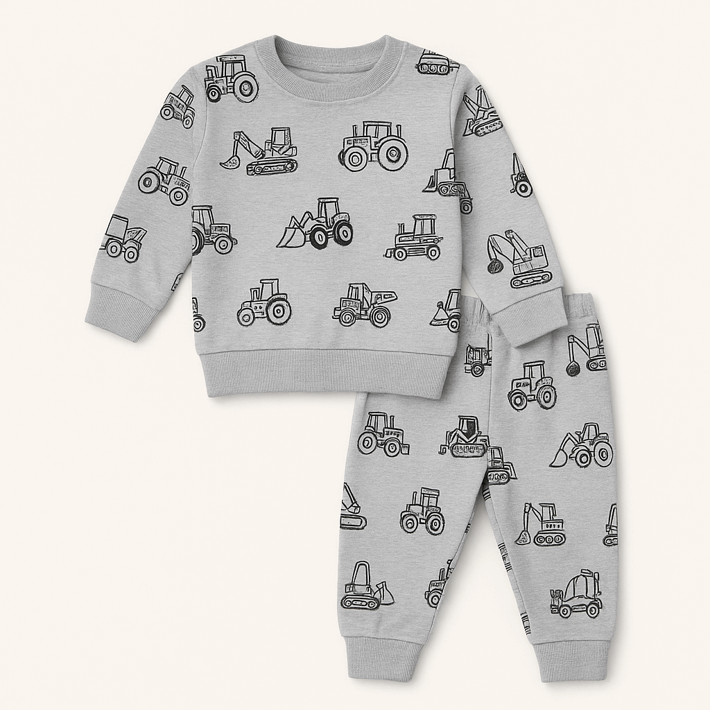 Grey Kids Construction Vehicles Sweatshirt with Jogger Pants Set – Boys & Girls (1–12 Years)