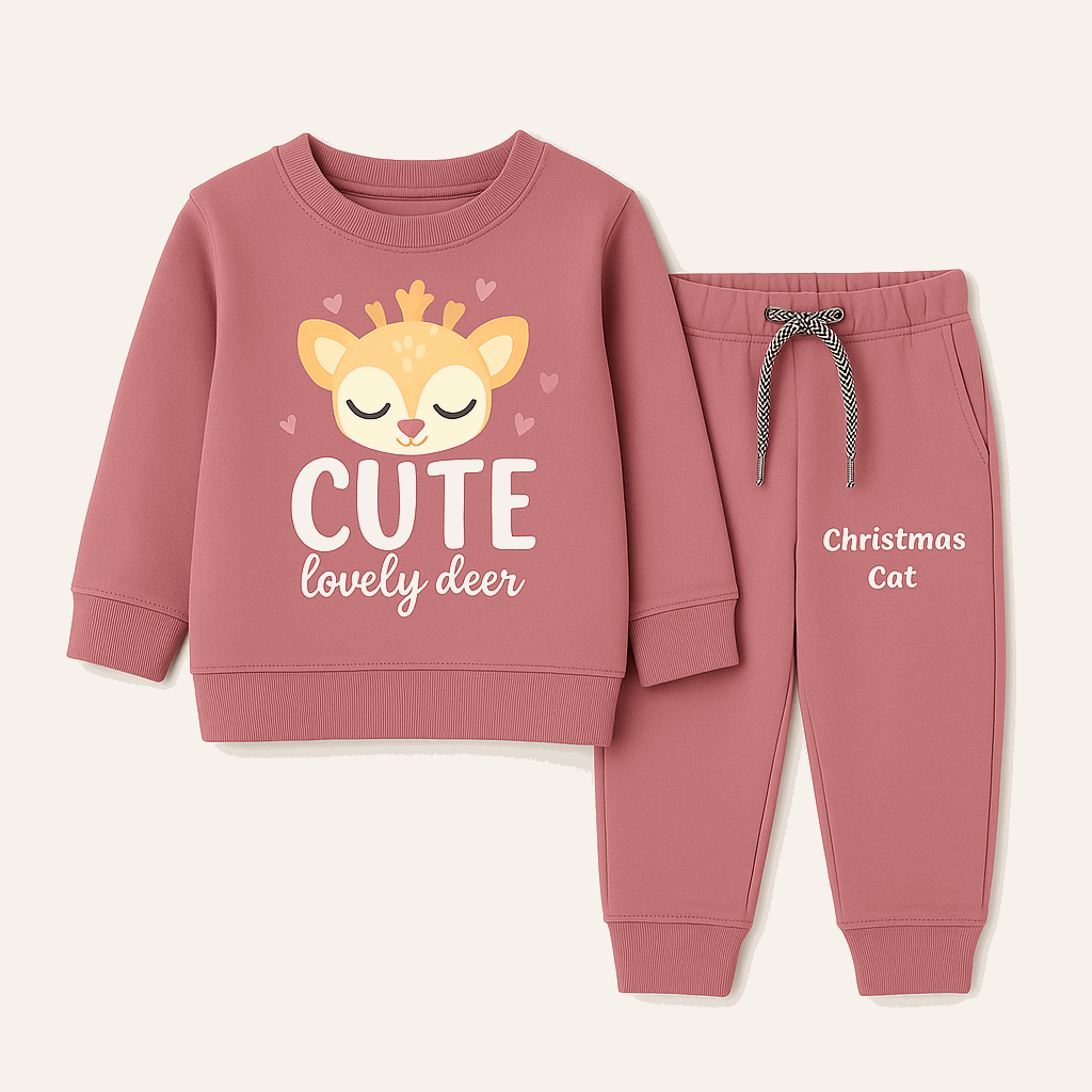 Dusty pink kids fleece sweatshirt and jogger set with cute deer and heart graphics