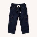 Kids dark blue denim cargo pants with elastic waistband and drawstring
