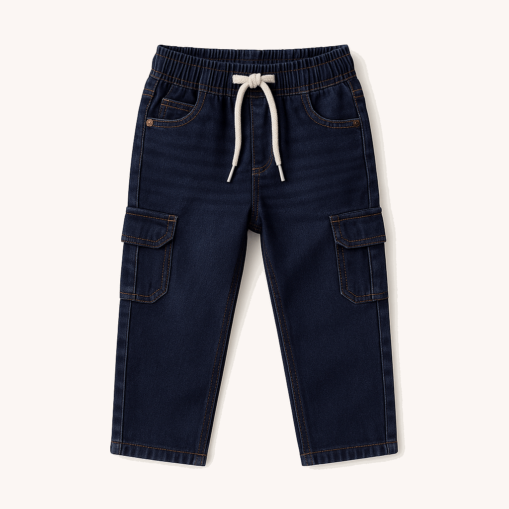 Kids dark blue denim cargo pants with elastic waistband and drawstring
