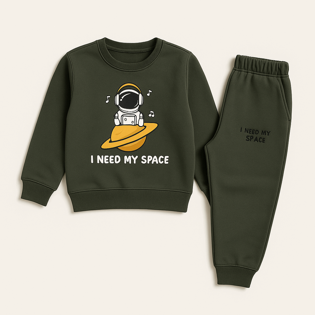 Olive green kids sweatshirt and jogger set with astronaut sitting on a ringed planet and “I NEED MY SPACE” text; elastic‑waist joggers; ribbed cuffs.