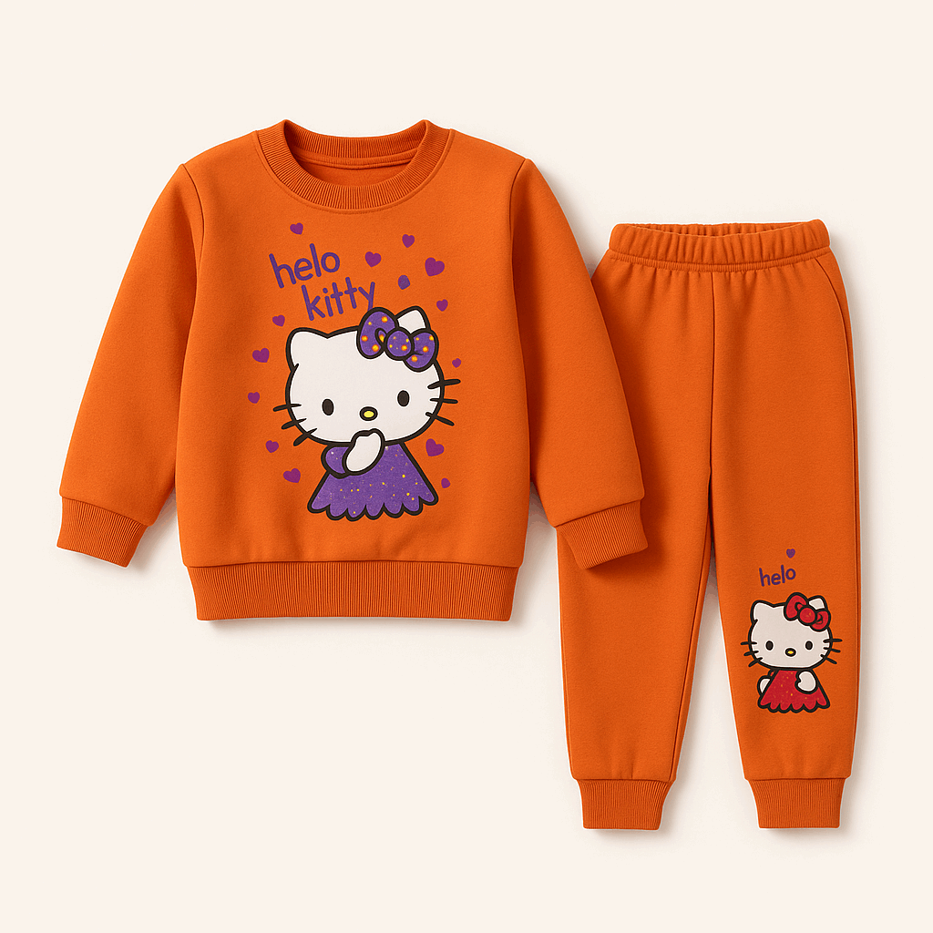 Sure! Here’s the updated description tailored for the orange Hello Kitty kids’ sweatshirt and jogger set, with emojis added for extra appeal:

