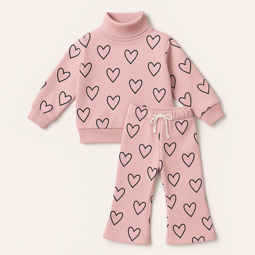 Kids pink heart print sweatshirt & pants set – winter outfit for baby girls (9M–6Y)