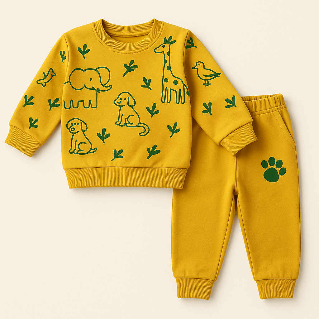 Mustard yellow kids tracksuit with safari animal sweatshirt and matching joggers with paw prints, ages 1–8.
