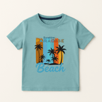 Aqua kids T-shirt with Summer Paradise Beach palm tree sunset graphic, crew neck, short sleeves, flat-lay front view