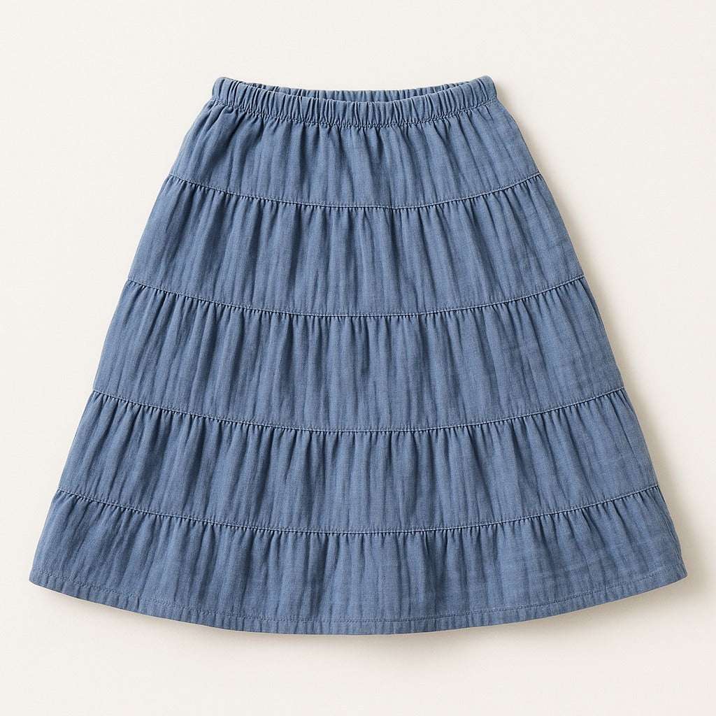 "Kids tiered blue skirt for girls 4–10 years – front view"