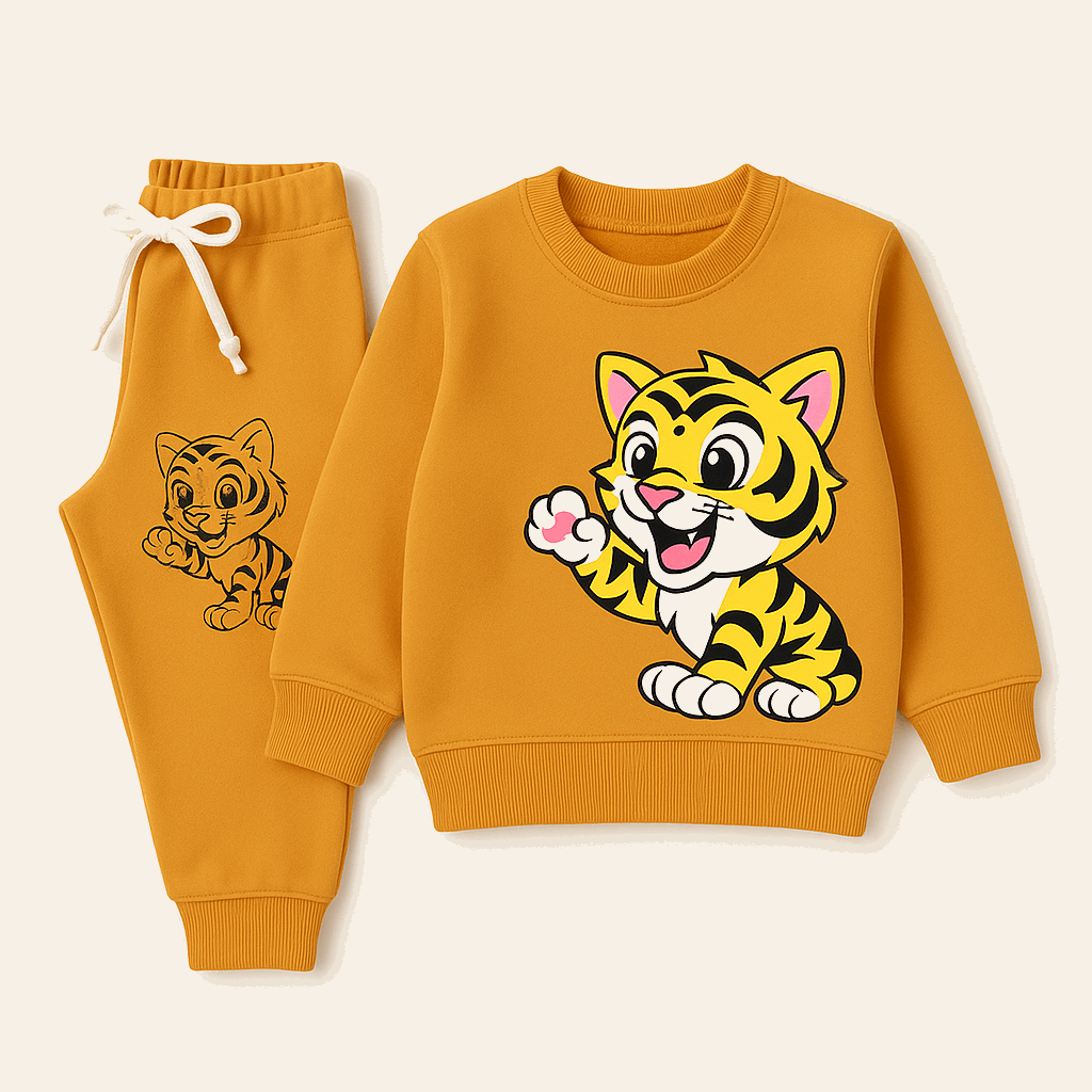 Kids orange sweatshirt and jogger set with cute cartoon tiger print, suitable for boys and girls aged 1 to 12 years

