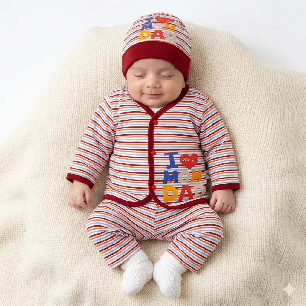 New Born 3 Piece Body Suit Set Red I Love Mom Dad - Baby Body Suits, Newborn Clothing, Mom Dad Love, Girls Fashion, Kidswear - Cotton Fabric - Newborn - Lil' Cubs