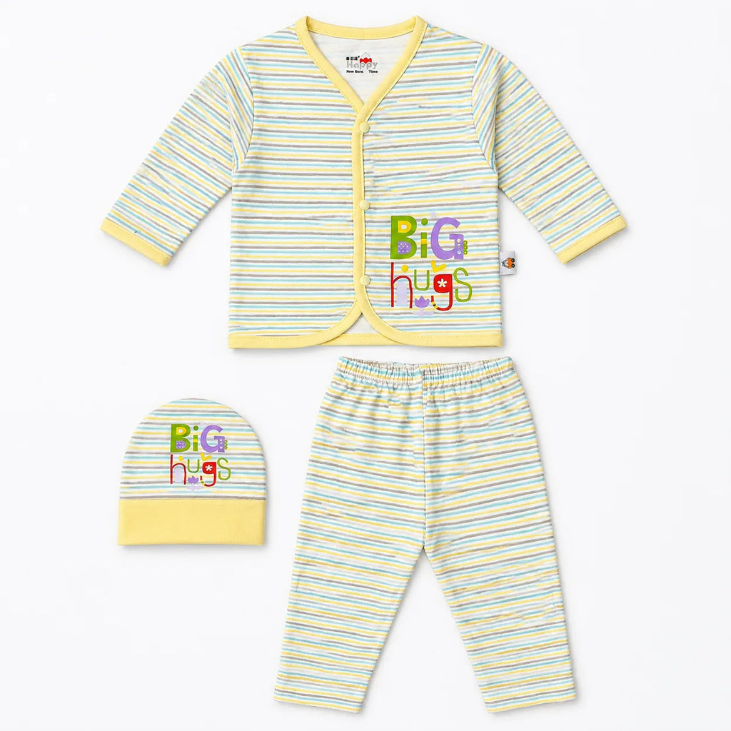 New Born 3 Piece Body Suit Set Yellow Big Hugs