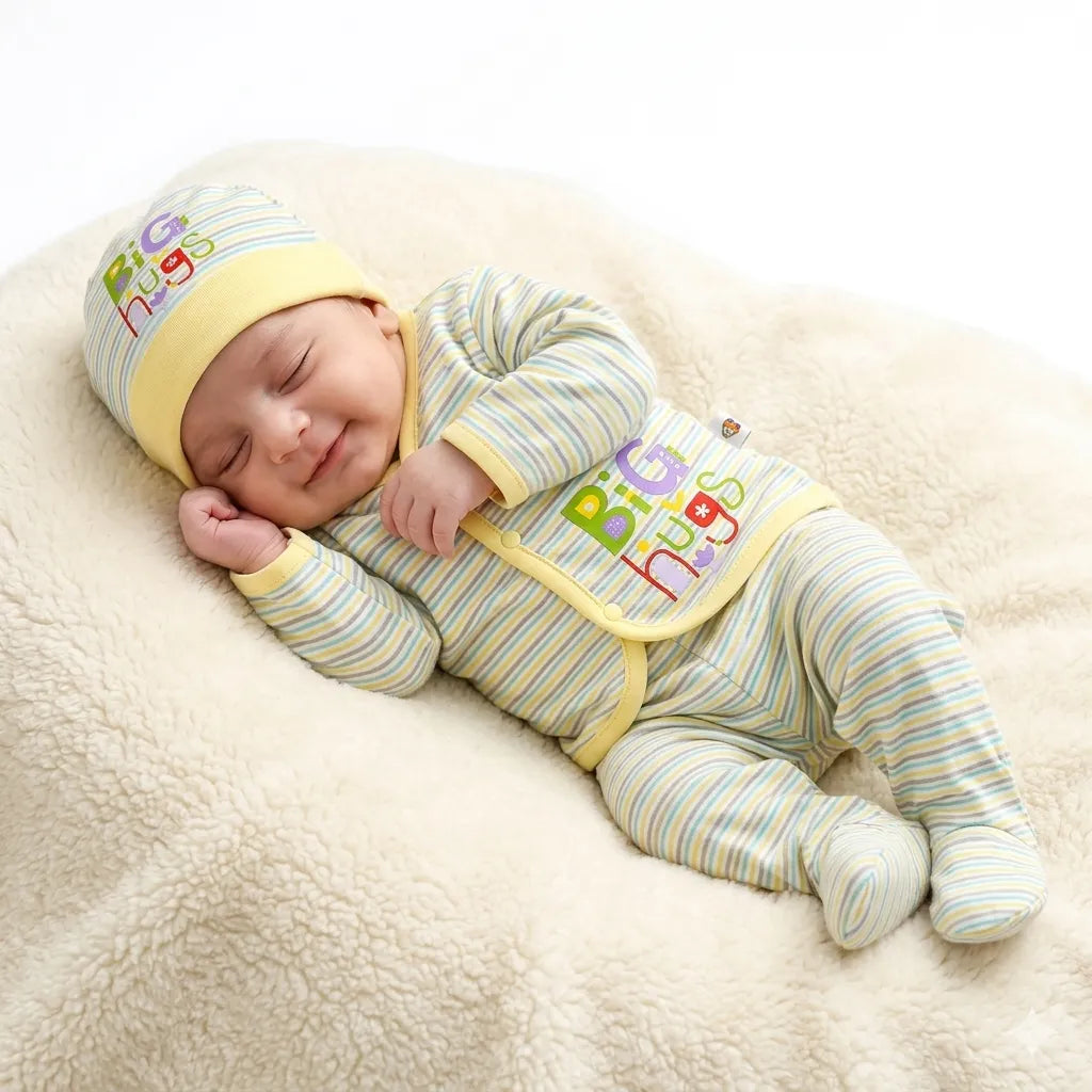 New Born 3 Piece Body Suit Set Yellow Big Hugs