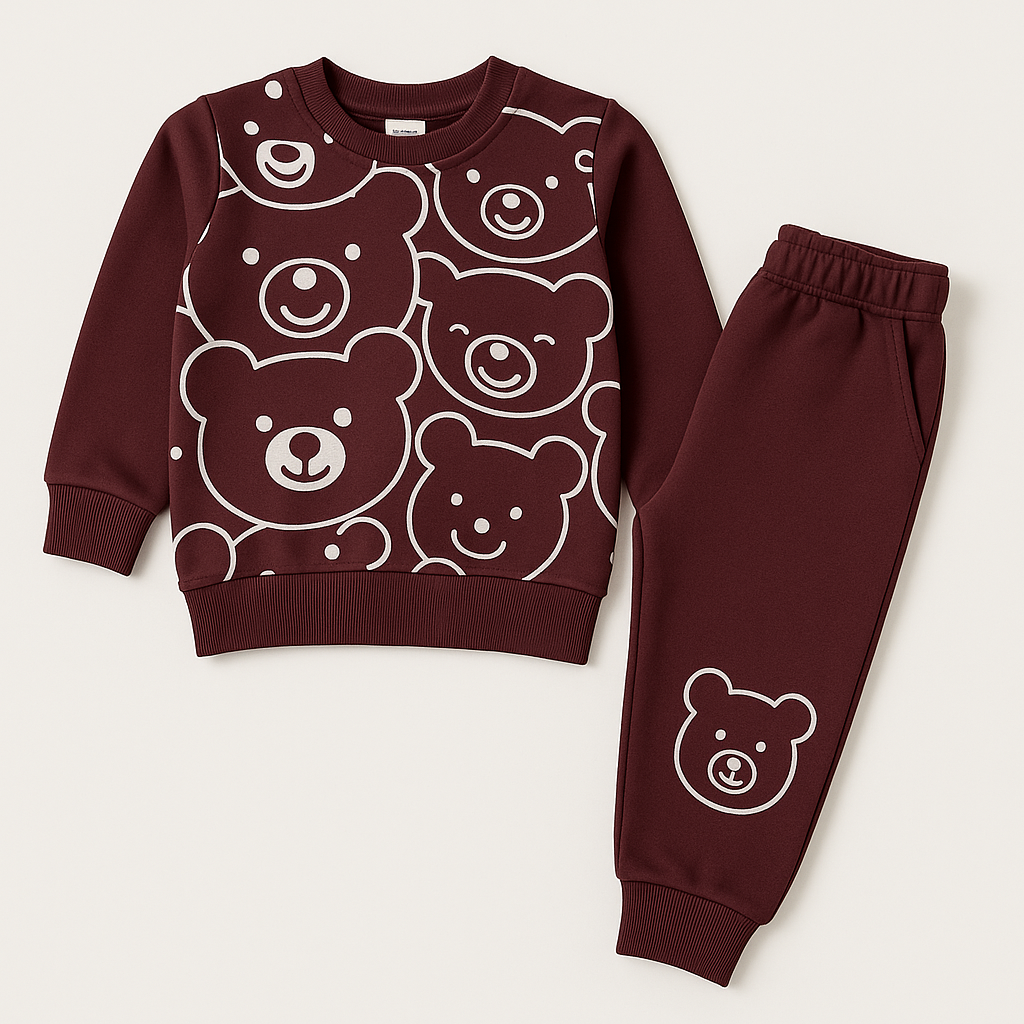 Maroon kids sweatshirt and jogger set with white bear prints for ages 1 to 12 years

