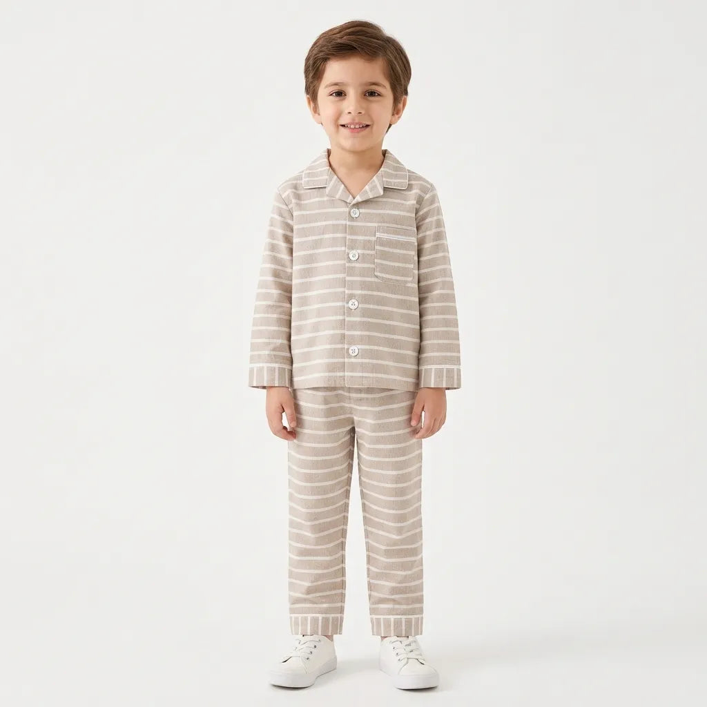 Kids Beige Striped Winter Night Suit (5 - 12 Years)