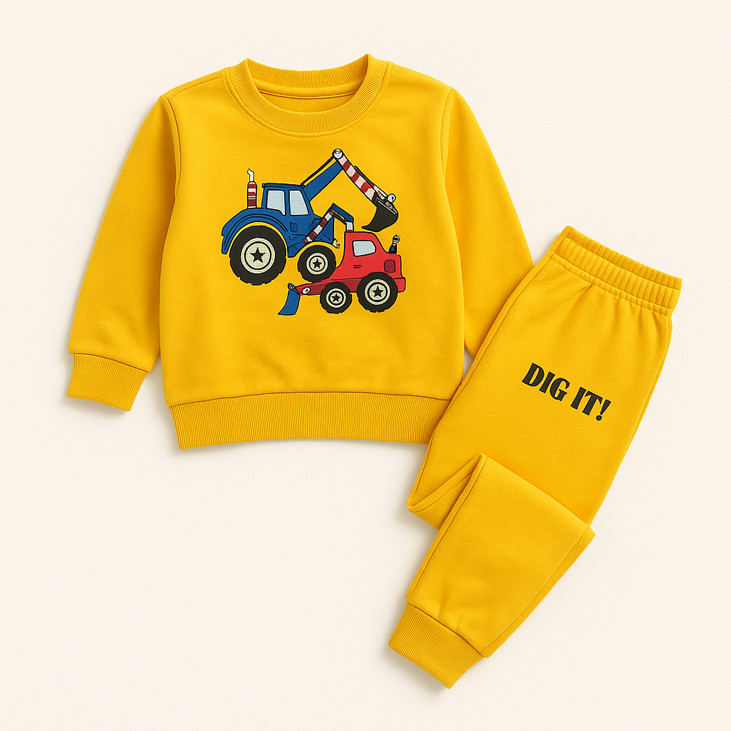 Yellow kids’ sweatshirt and jogger set for ages 1-8 years, featuring a colorful construction truck print on the sweatshirt and “DIG IT!” text on the jogger pants.