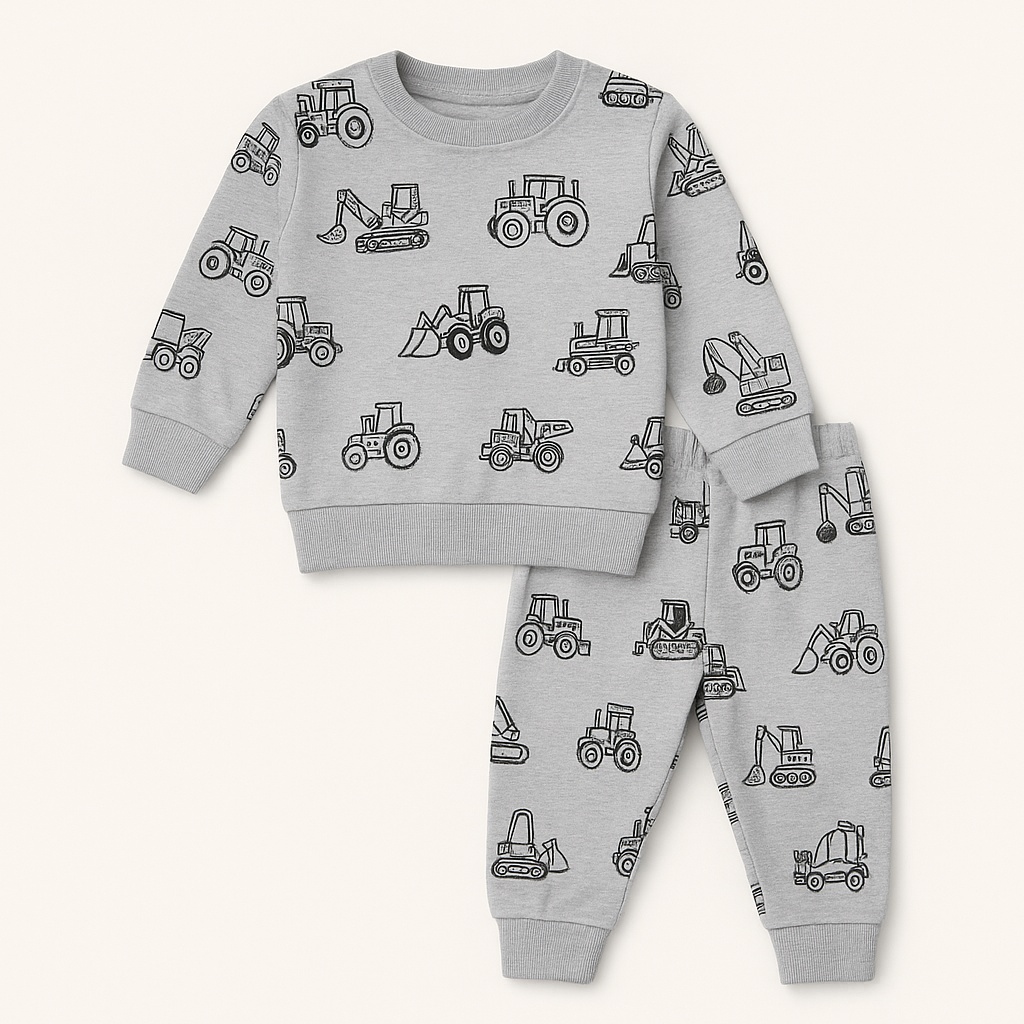 Grey Kids Construction Vehicles Sweatshirt with Jogger Pants Set – Boys & Girls (1–12 Years)