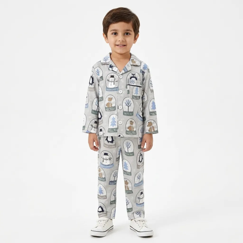 Kids Grey Snow Flannel Winter Night Suit (1 - 4 Years)