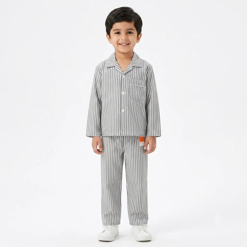 Kids Grey & White Lining Cotton Summer Night Suit (1 - 4 Years)