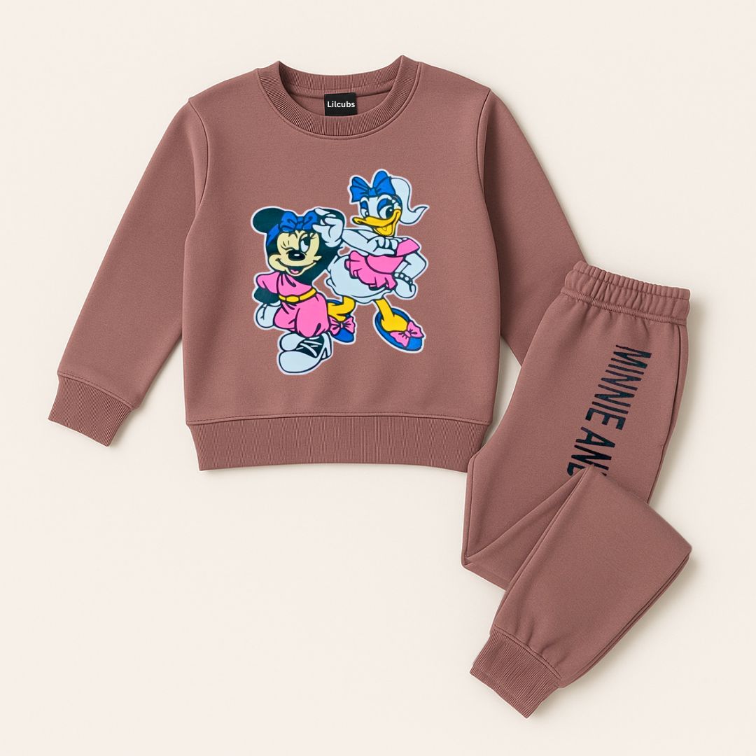 Kids mauve sweatshirt and jogger set featuring Minnie Mouse and Daisy Duck cartoon print, suitable for ages 1 to 8 years.

