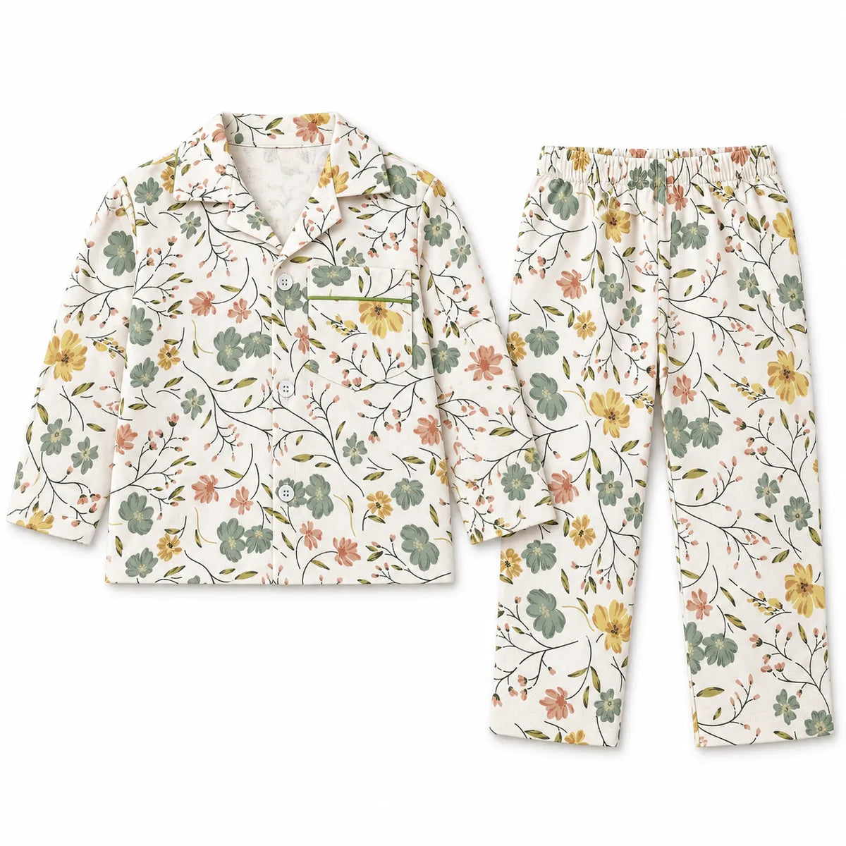 Kids Off White Green Floral Flannel Winter Night Suit (1 - 4 Years)