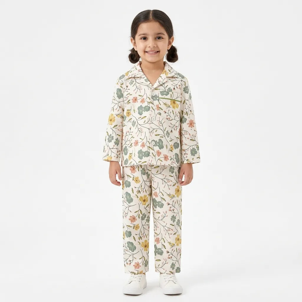 Kids Off White Green Floral Flannel Winter Night Suit (1 - 4 Years)