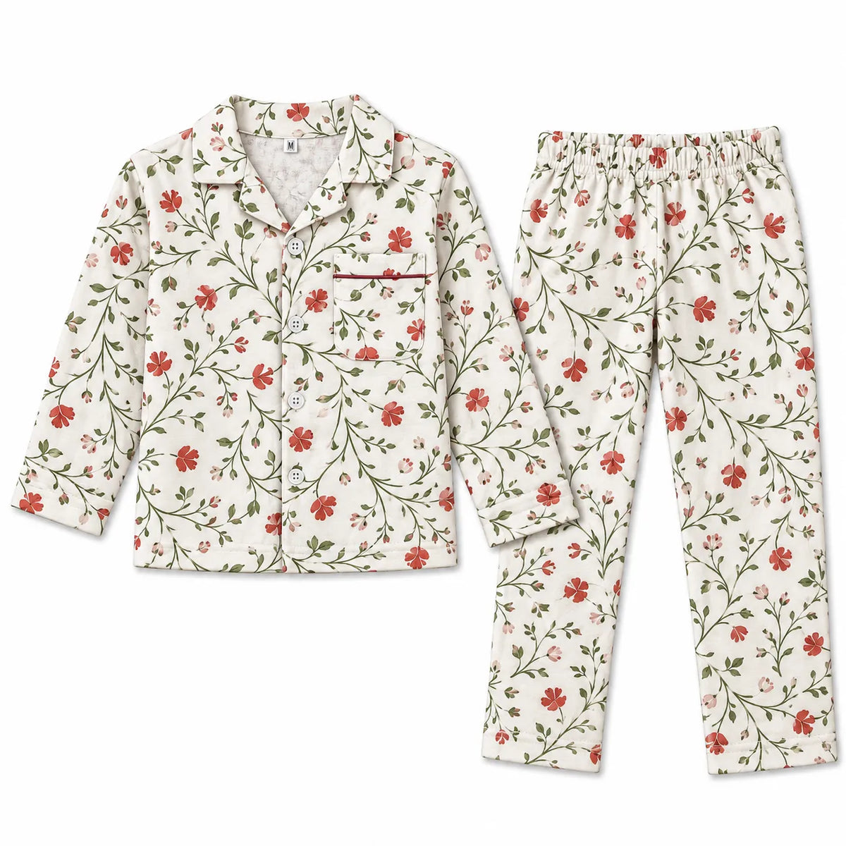 Kids Off White Red Floral Flannel Winter Night Suit (1 - 4 Years)