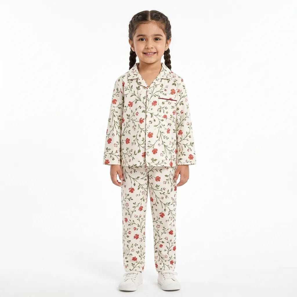 Kids Off White Red Floral Flannel Winter Night Suit (1 - 4 Years)