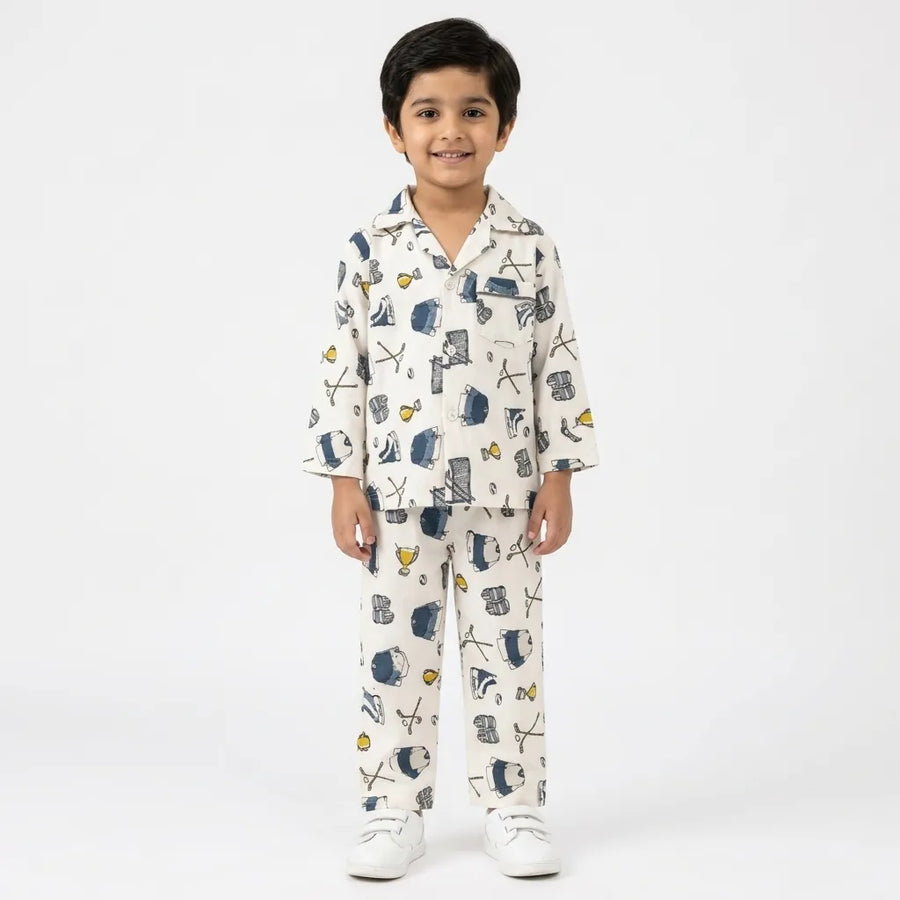 Kids Off White Sports Flannel Winter Night Suit (1 - 4 Years)
