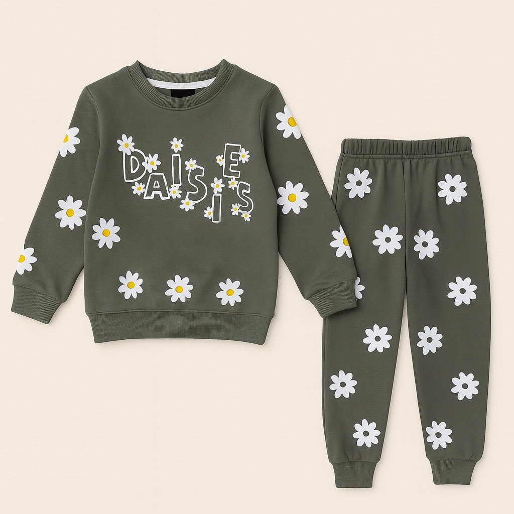 Kids Olive Green Daisy Printed Sweatshirt & Jogger Set
