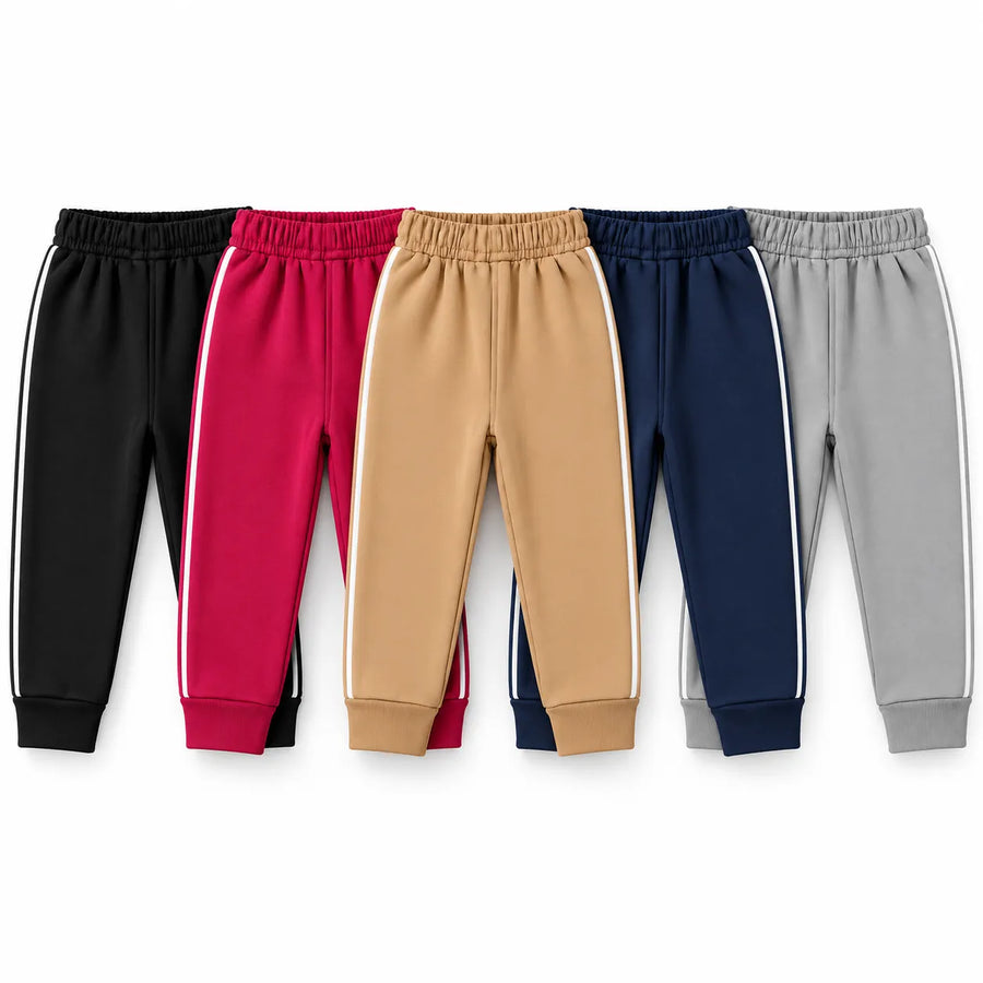 Kids' Pack of 5 Basic Fleece Winter Trousers with Side Stripes (Size 9 Months - 5 Years)