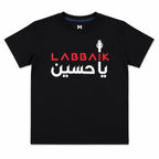 Kids black cotton T-shirt featuring Labbaik Ya Hussain design, perfect for ages 1 to 12 years, from lilcubspk's Muharram edition.