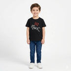 Black cotton kids T-shirt with Ya Hussain design for ages 1-12, part of Lil Cubs Muharram edition, perfect for summer wear.