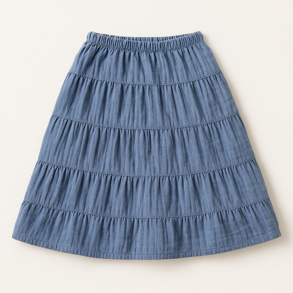 "Kids tiered blue skirt for girls 4–10 years – front view"