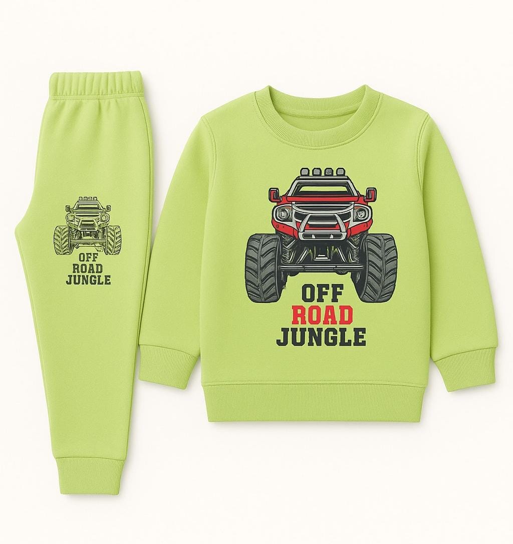 Kids Winter Fleece Set | Monster Truck Printed Sweatshirt & Pants – Off Road Jungle Size (1–12 Years)