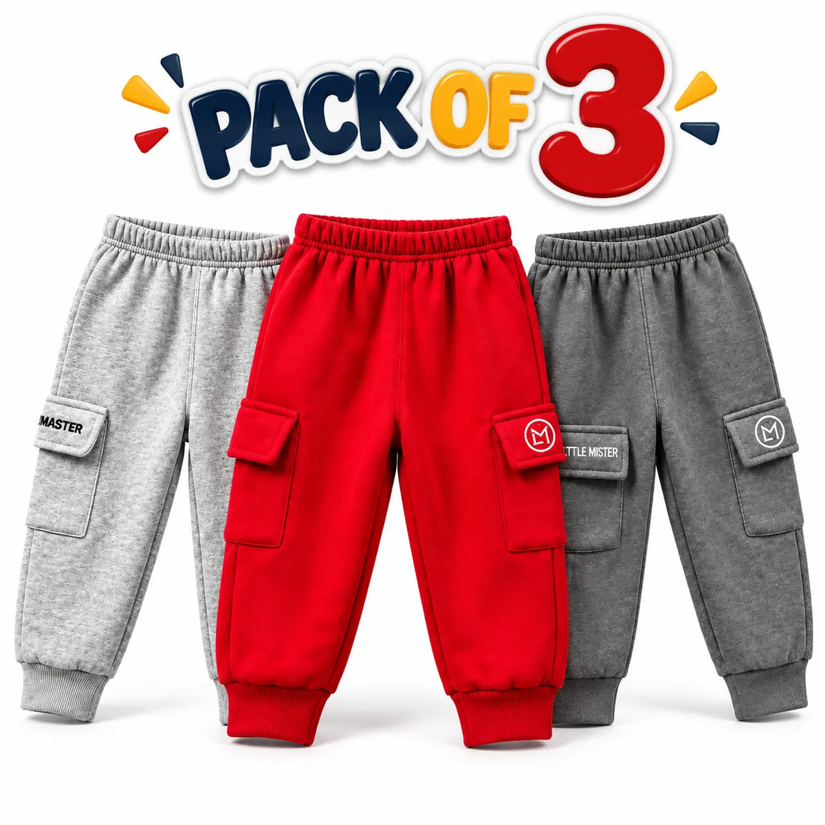 Kids Winter Pack of 2 & 3 Fleece Cargo Trouser – 5 Colors (Size 9 Months - 5 Years)