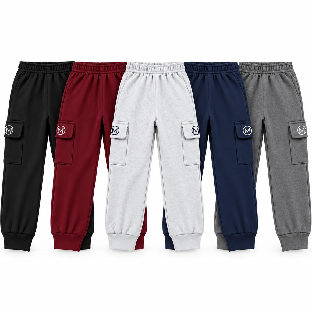 Kids Winter Pack of 5 Fleece Cargo Trouser – 5 Colors (Size 6 Years - 14 Years)