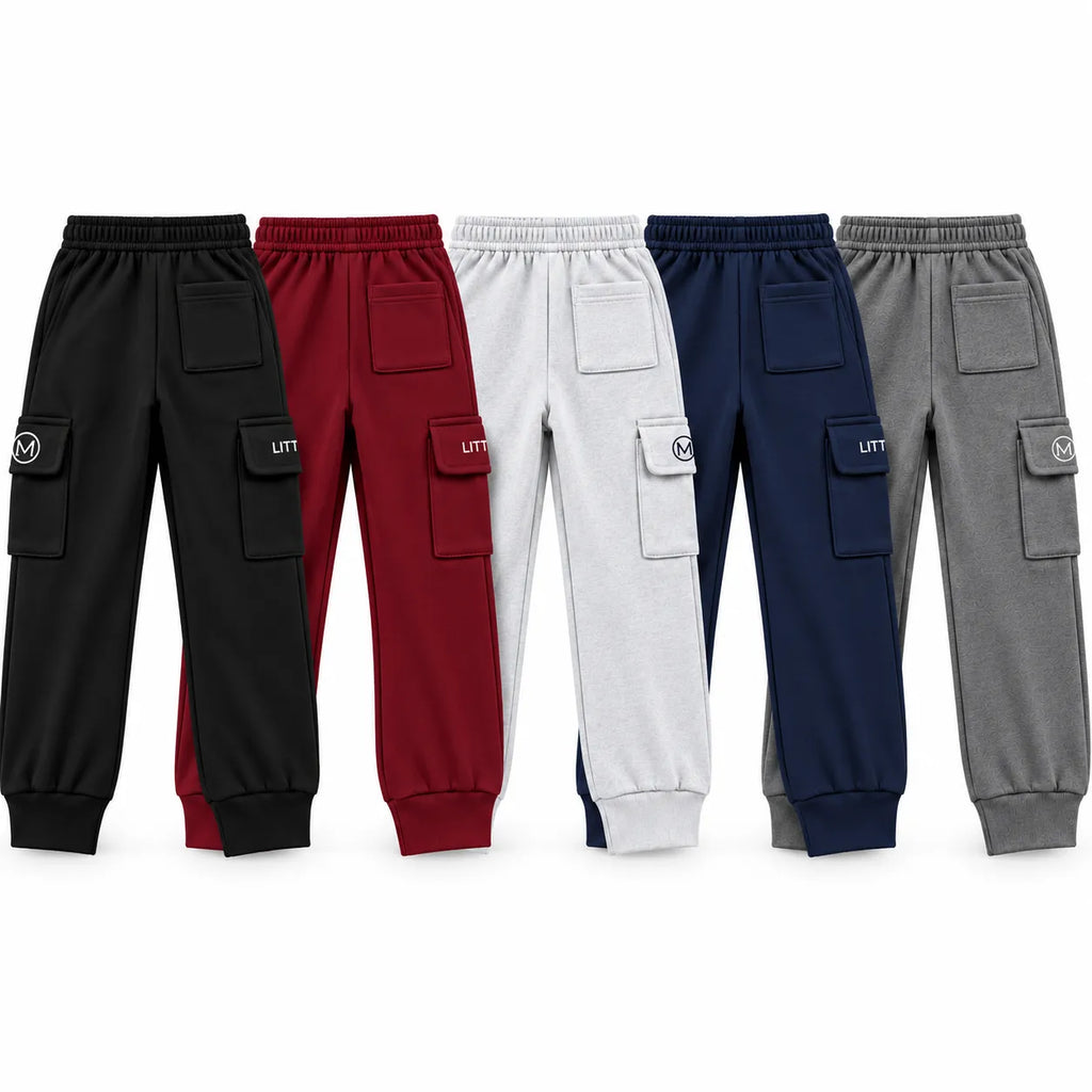 Kids Winter Pack of 5 Fleece Cargo Trouser – 5 Colors (Size 6 Years - 14 Years)