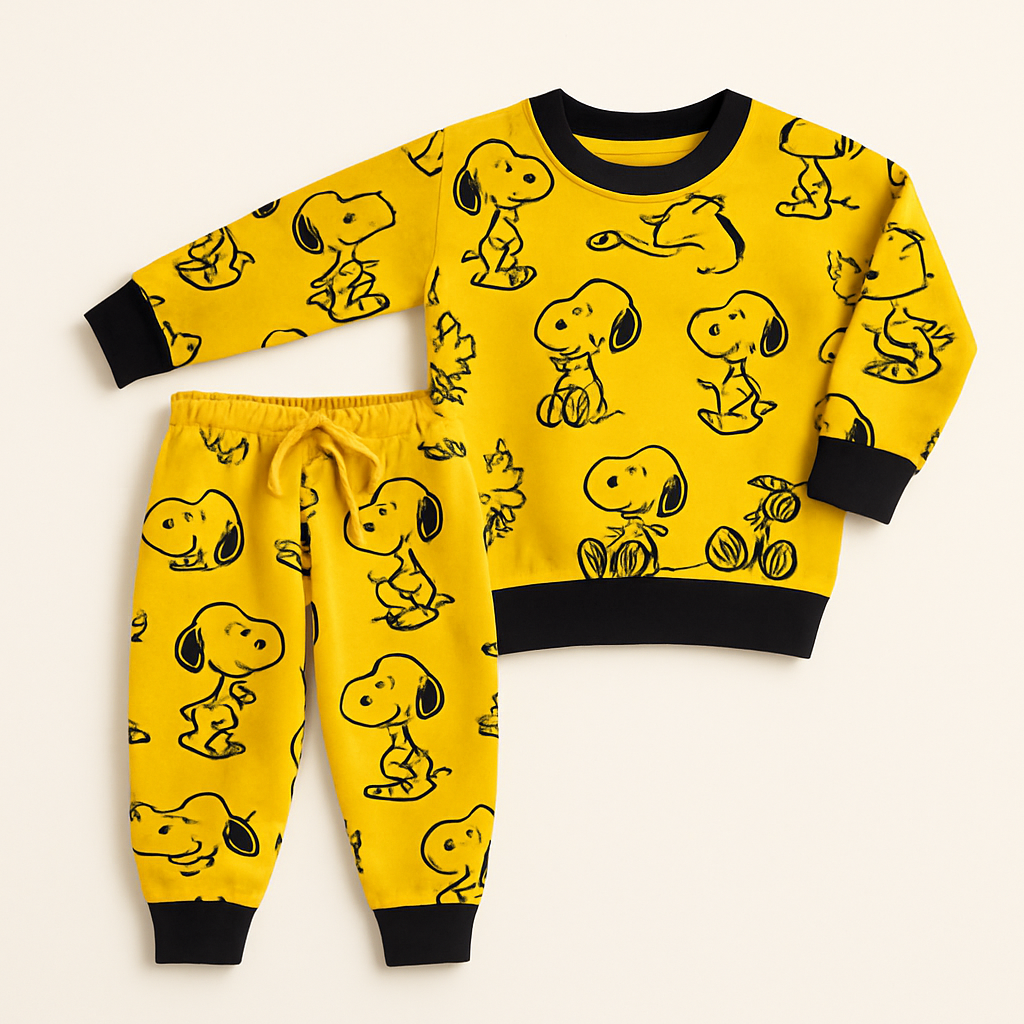 Boys and girls yellow Snoopy print sweatshirt with matching pants – kids winter wear"

"Unisex kids 2 piece Snoopy cartoon print outfit – sweatshirt and trouser set in yellow"