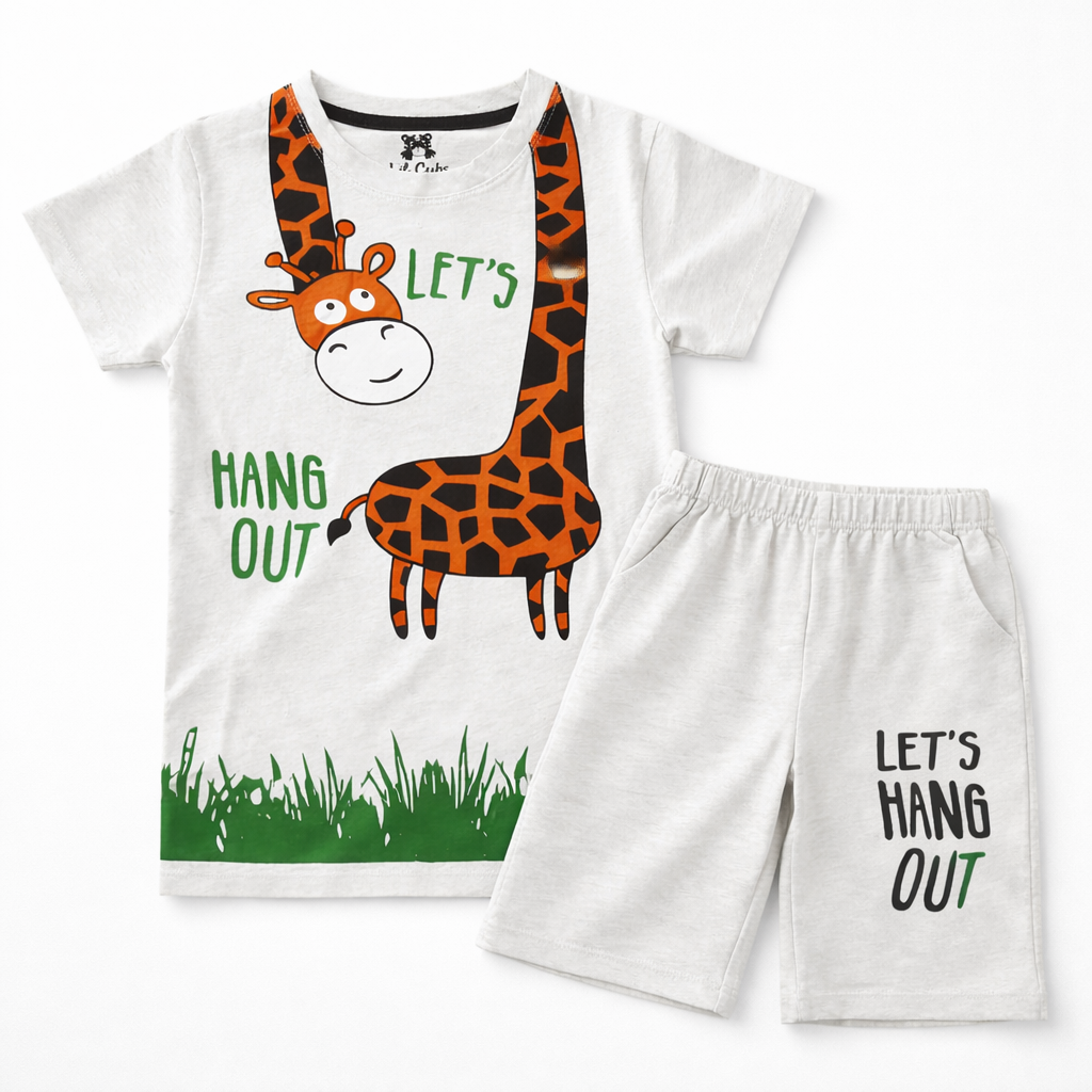 Trendy Kidswear Summer Coord Set - Let's Hang Out Giraffe Print Kids Outfit - White Coord Set - Top Kidswear Brand Pakistan - Jersey Cotton Fabric - Lil' Cubs