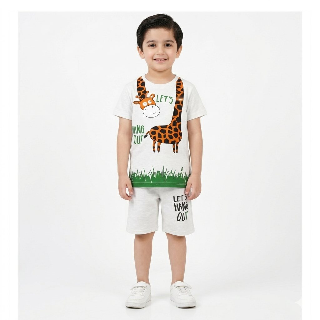Trendy Kidswear Summer Coord Set - Let's Hang Out Giraffe Print Kids Outfit - White Coord Set - Top Kidswear Brand Pakistan - Jersey Cotton Fabric - Lil' Cubs