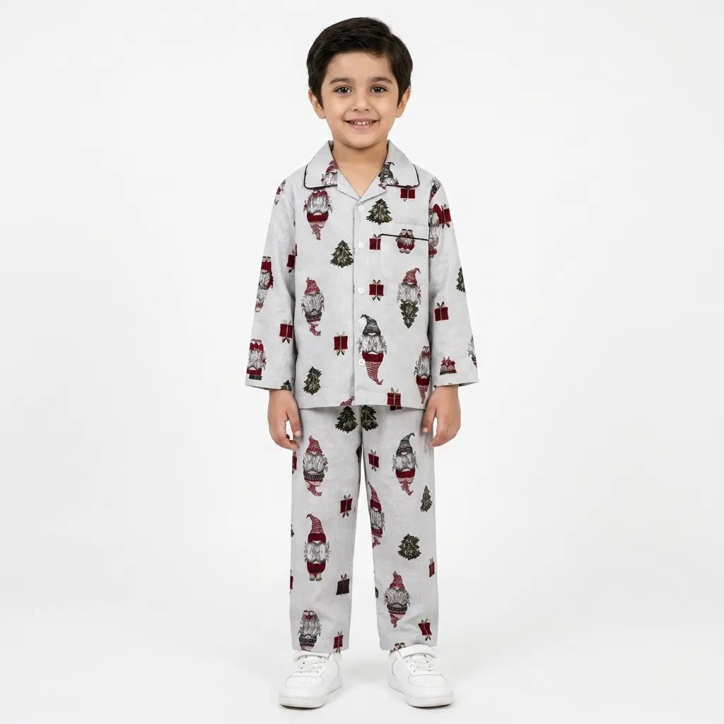 Kids Light Grey Celebration Cotton Summer Night Suit (1 - 4 Years)