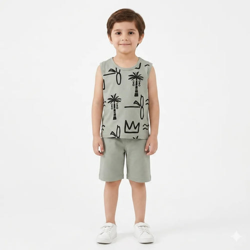 Light mint plum tree print boys' summer coord set by lilcubspk for ages 1-12, featuring a matching top and shorts.