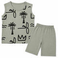Light mint plum tree print boys summer coord set by lilcubspk for ages 1 to 12, featuring a matching top and shorts.