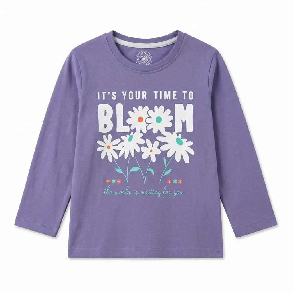 Light Purple Bloom Print Full Sleeve T-Shirt for Girls – 1 to 12 Years