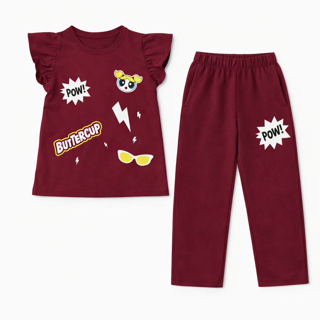 Maroon Powerpuff Summer Coord Set - Jersey Cotton Fabric - Affordable Summer Outfits - Kidswear Brand in Pakistan - Stylish Design in Summer Outfits - Trendy Summer Articles - Lil' Cubs