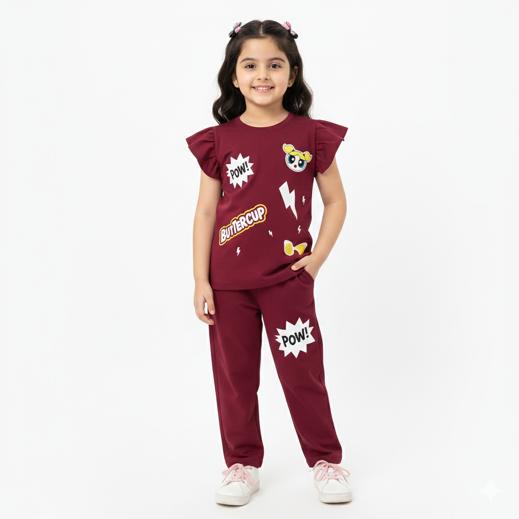 Maroon Powerpuff Summer Coord Set - Jersey Cotton Fabric - Affordable Summer Outfits - Kidswear Brand in Pakistan - Stylish Design in Summer Outfits - Trendy Summer Articles - Lil' Cubs