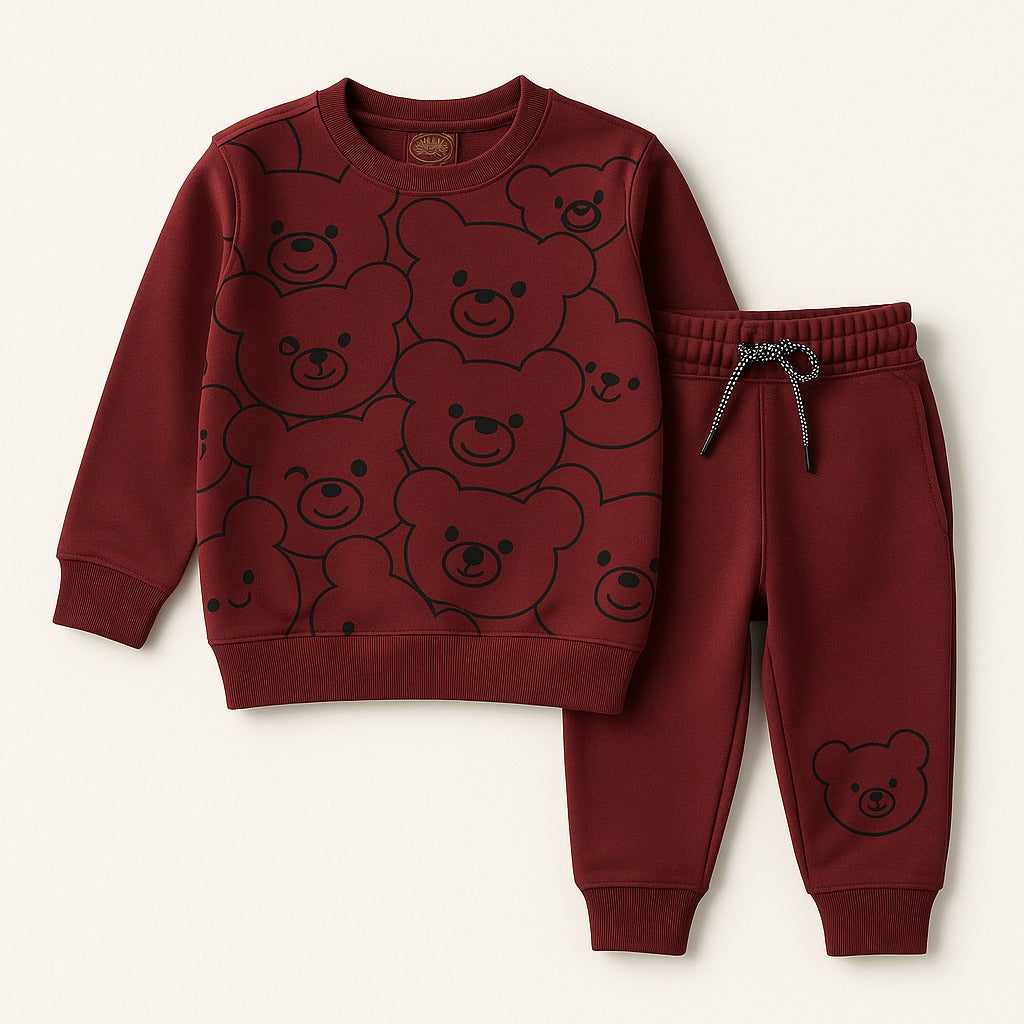Maroon Teddy Face Printed Tracksuit for Boys – Winter Fleece Set (1–12 Years) | LilCubs.pk