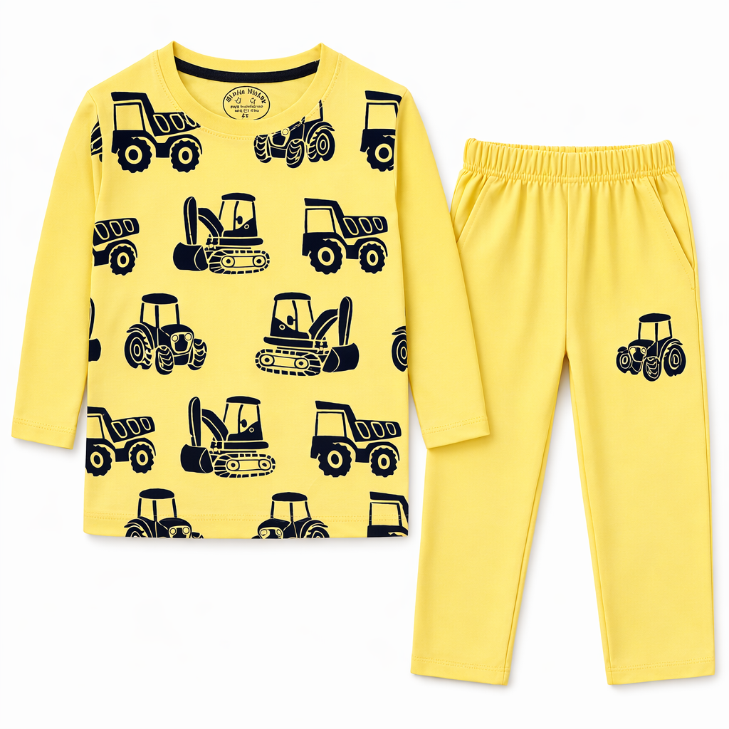 Trendy Kidswear Summer Coord Set - Tractor Print Kids Outfit - Yellow Lemon Coord Set - Top Kidswear Brand Pakistan - Jersey Cotton Fabric - Lil' Cub