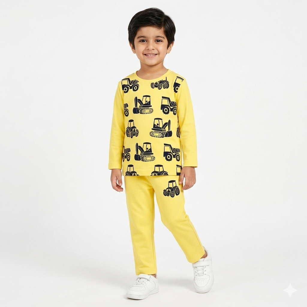 Trendy Kidswear Summer Coord Set - Tractor Print Kids Outfit - Yellow Lemon Coord Set - Top Kidswear Brand Pakistan - Jersey Cotton Fabric - Lil' Cub