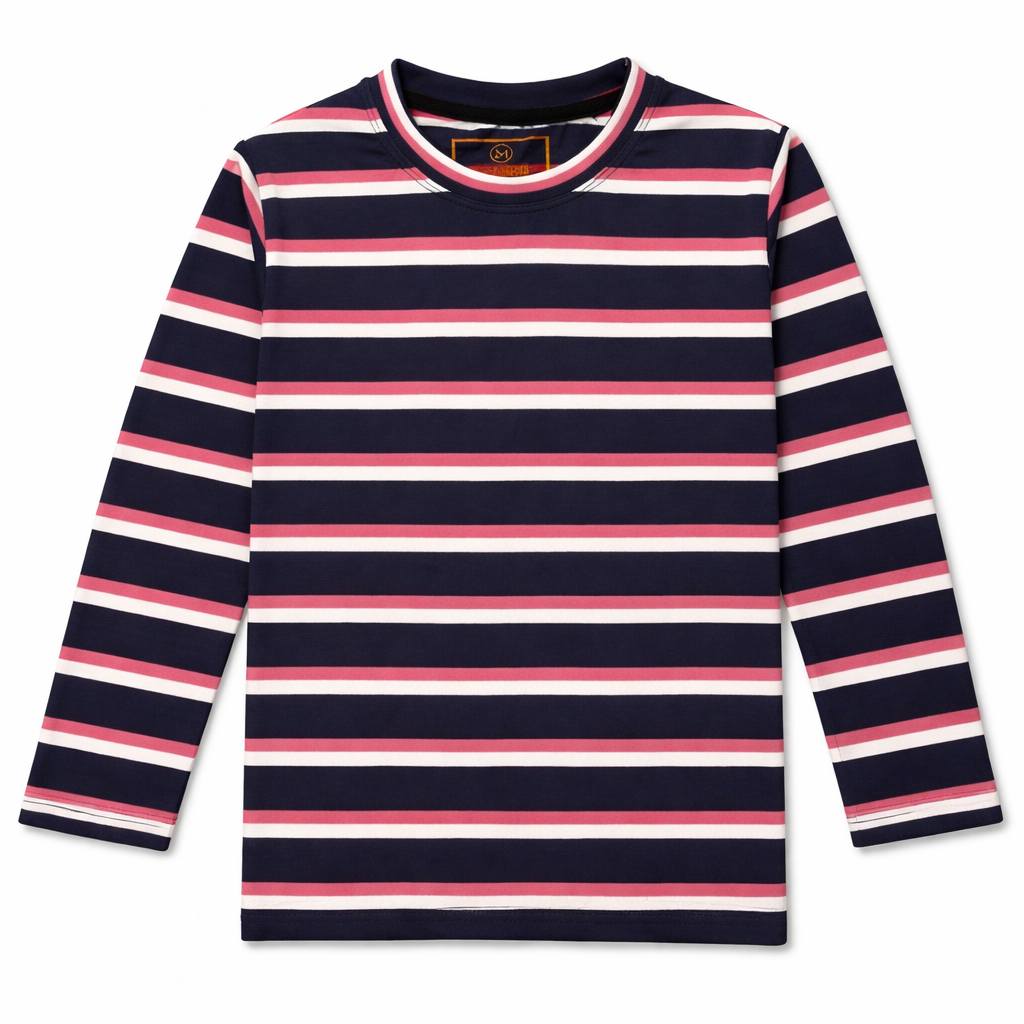 Multi-Color (Navy Blue, Pink, White) Lining Long Sleeves T-Shirt - Cotton Fabric - Affordable Summer Outfits - Kidswear Brand in Pakistan - Trendy Summer Articles - Lil' Cubs